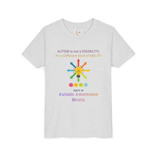Autism awareness youth t-shirt β Bella + Canvas 3001Y β βAutism is not a disability; it's a different kind of abilityβ quote β neurodiversity support kids' tee β sensory-friendly soft cotton shirt β sizes SβXL β PMCREATIONS25-Ash
