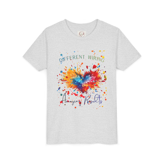 Celebrate neurodiversity with this soft youth tee featuring a colorful heart design. Different wiring, amazing results. Sensory-friendly and ethically made for autism awareness. Ash