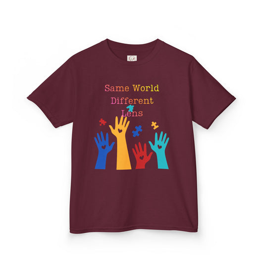 Maroon kids tee with colorful raised hands and puzzle pieces reading Same World Different Minds, autism awareness shirt by PM Creations 25