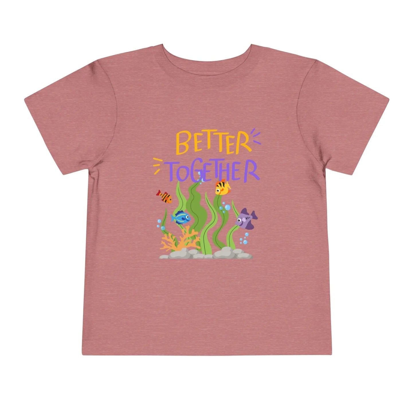 Soft cotton toddler tee with colorful fish, sea plants, and Better Together message. Perfect for ocean-loving toddlers. Sizes 2T-5T. Heather Mauve