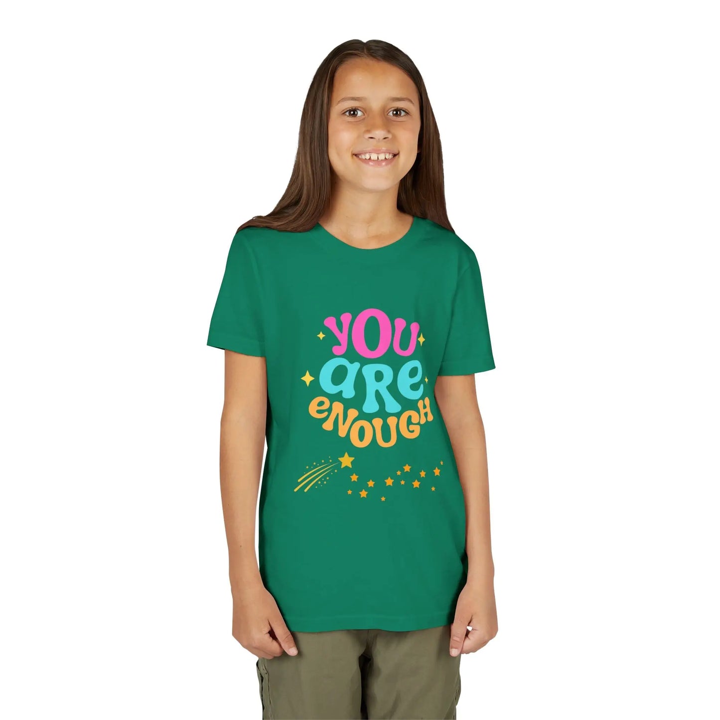 Youth Wearing a "You Are Enough" youth tee — a soft, uplifting kids shirt with a faith-inspired message of confidence, self-love, and kindness. Perfect for everyday wear. Shop the Collection, Kelly Green