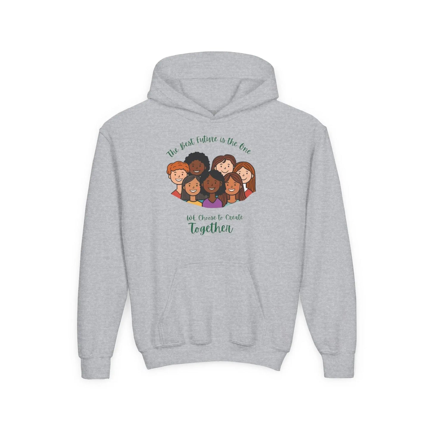 Cozy cotton-poly youth hoodie with diverse kids illustration and The Best Future is the One We Choose Together message. Sizes S-XL. Sports Grey