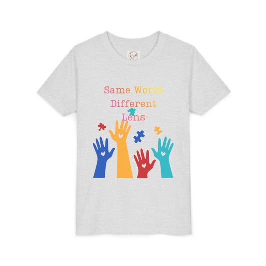Soft cotton Youth tee with colorful hands, puzzle pieces, and Built Differently message. Celebrates neurodiversity and inclusion. Sizes 2T-5T. Ash