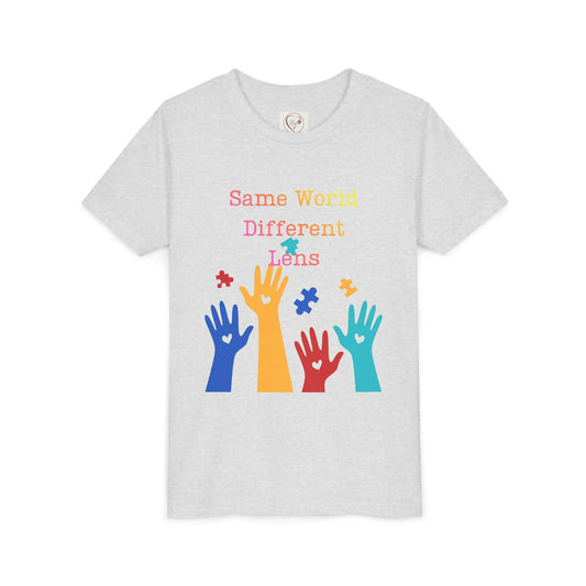 Soft cotton Youth tee with colorful hands, puzzle pieces, and Built Differently message. Celebrates neurodiversity and inclusion. Sizes 2T-5T. Ash