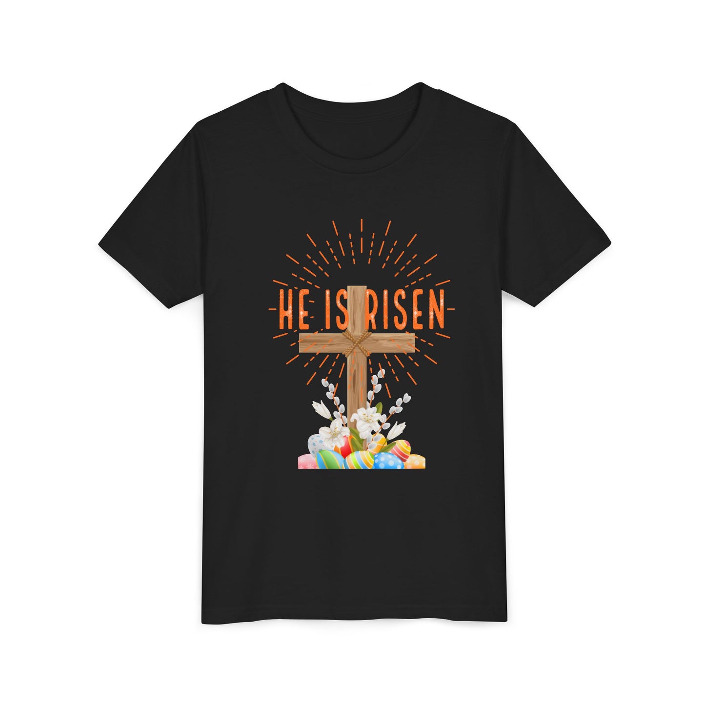 Youth Easter Tee — 'He Is Risen' Cross & 'Happy Easter' Pastel Kids Shirt