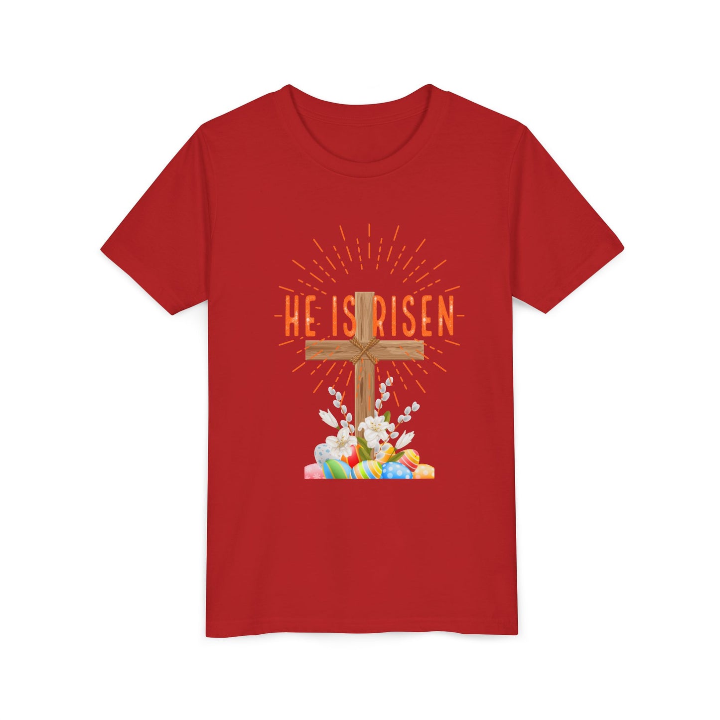 Youth Easter Tee — 'He Is Risen' Cross & 'Happy Easter' Pastel Kids Shirt