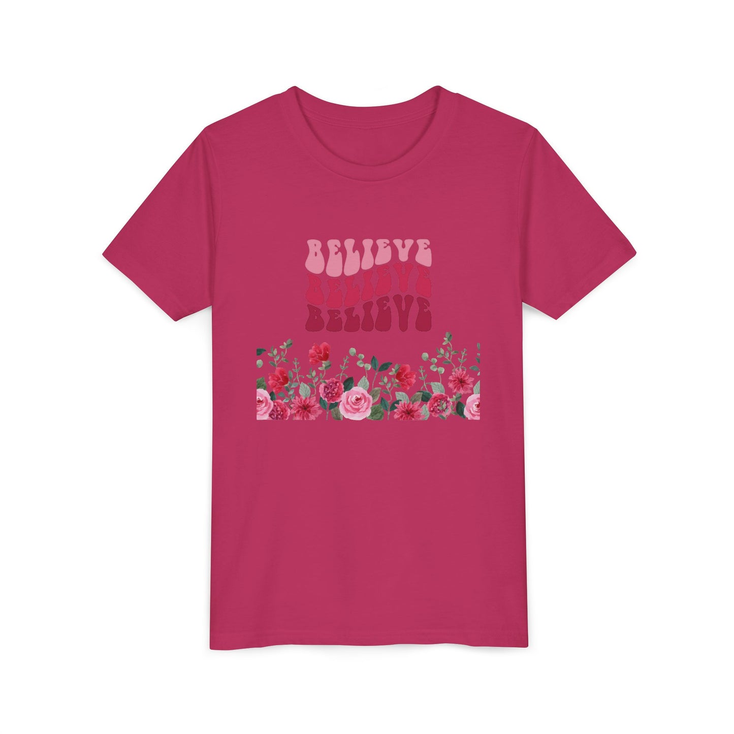 Youth Tee-- "Believe" Floral Graphic Christian Worship Shirt