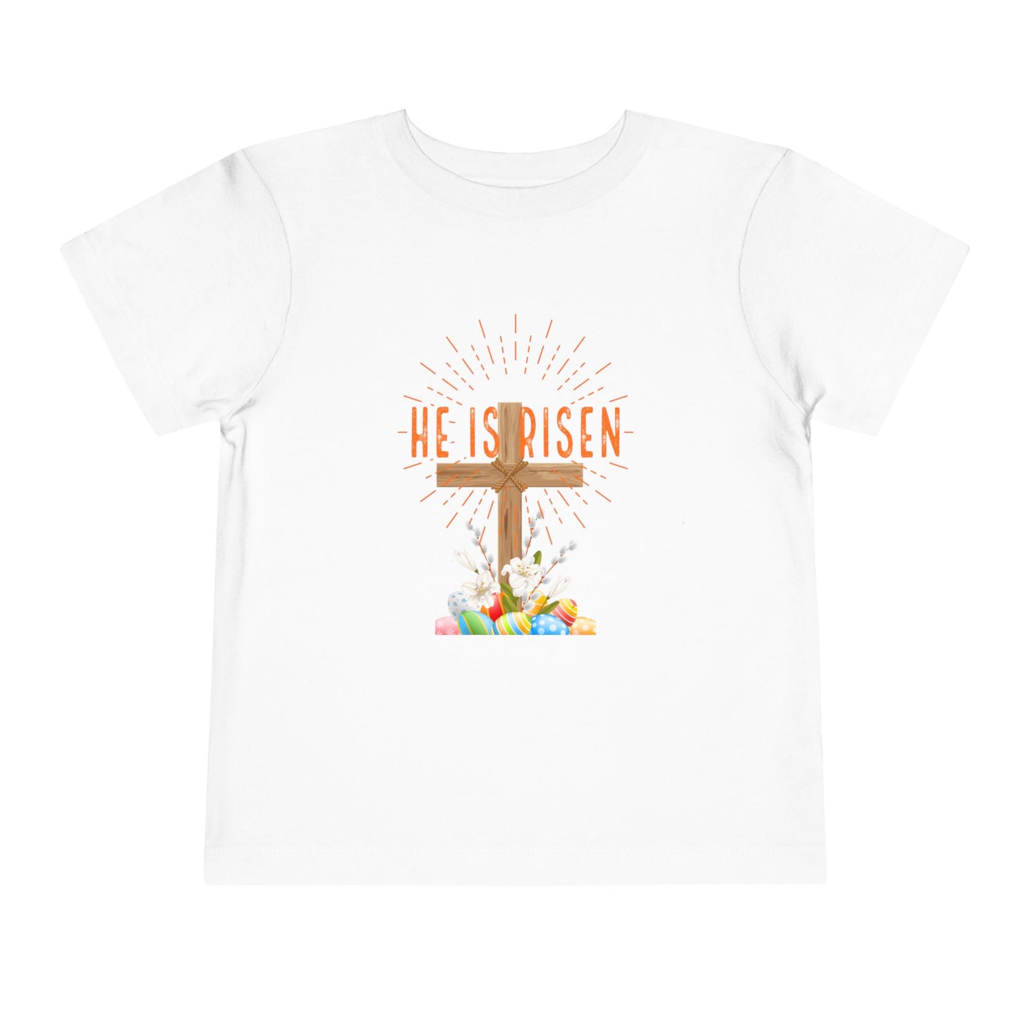 Toddler Tee — "He Is Risen" Easter Cross & Happy Easter Pastel Design