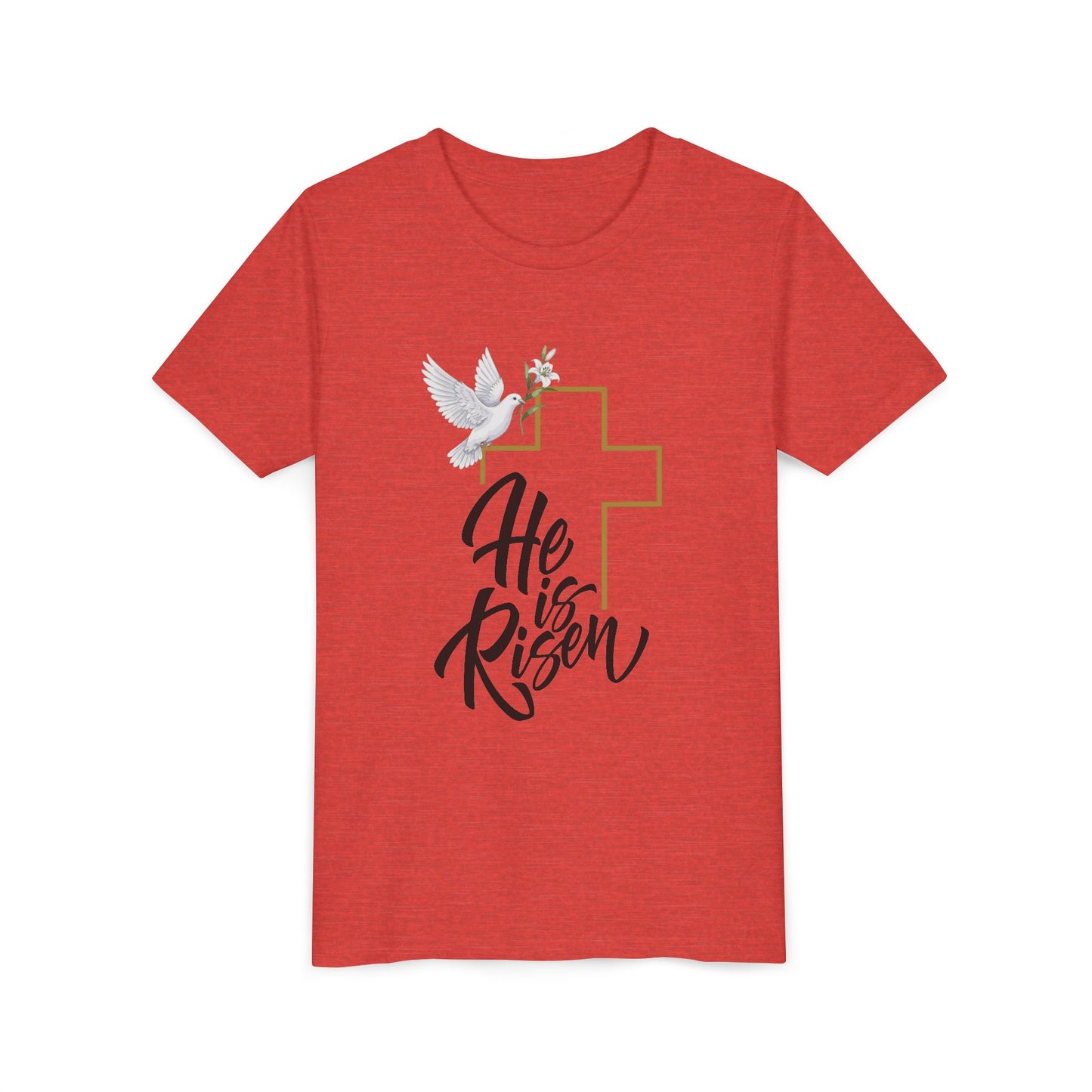 He Is Risen Youth Tee — Easter Cross & Dove Christian Kids Shirt