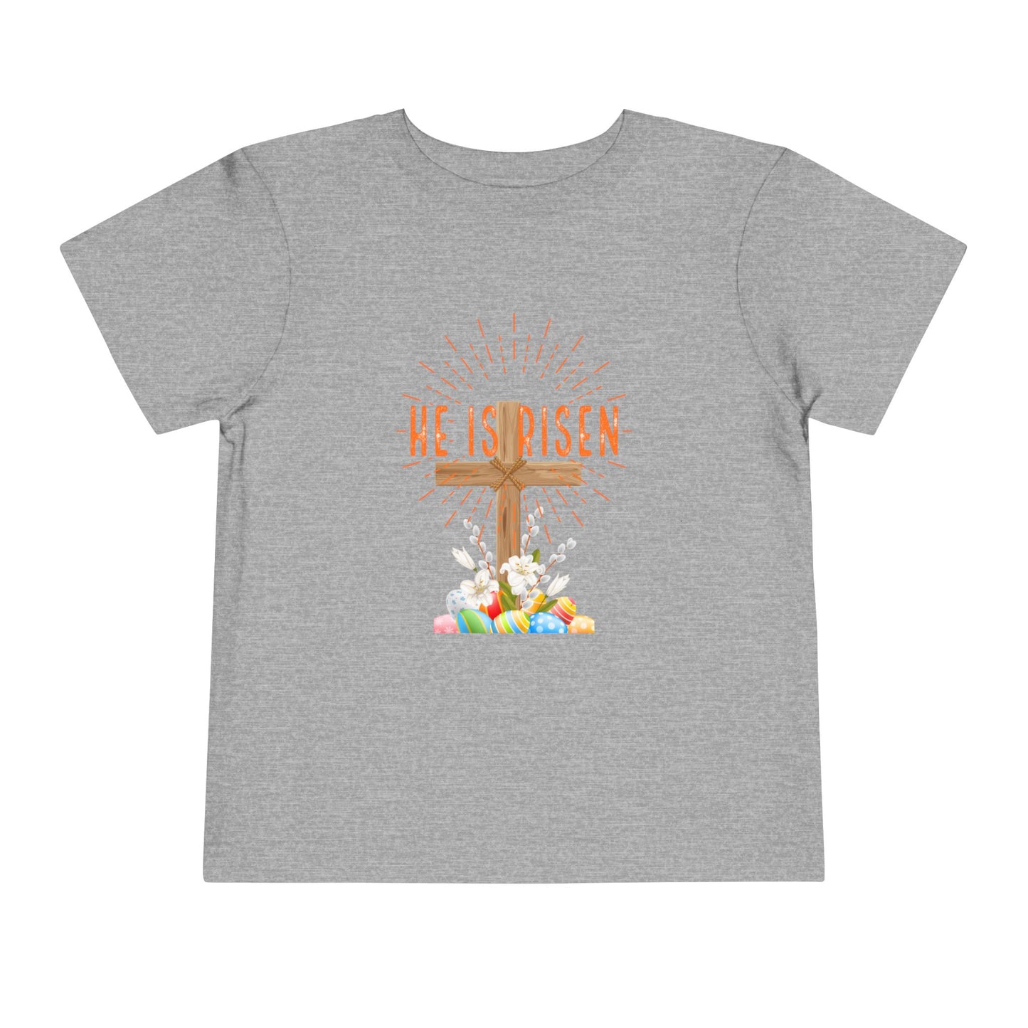 Toddler Tee — "He Is Risen" Easter Cross & Happy Easter Pastel Design