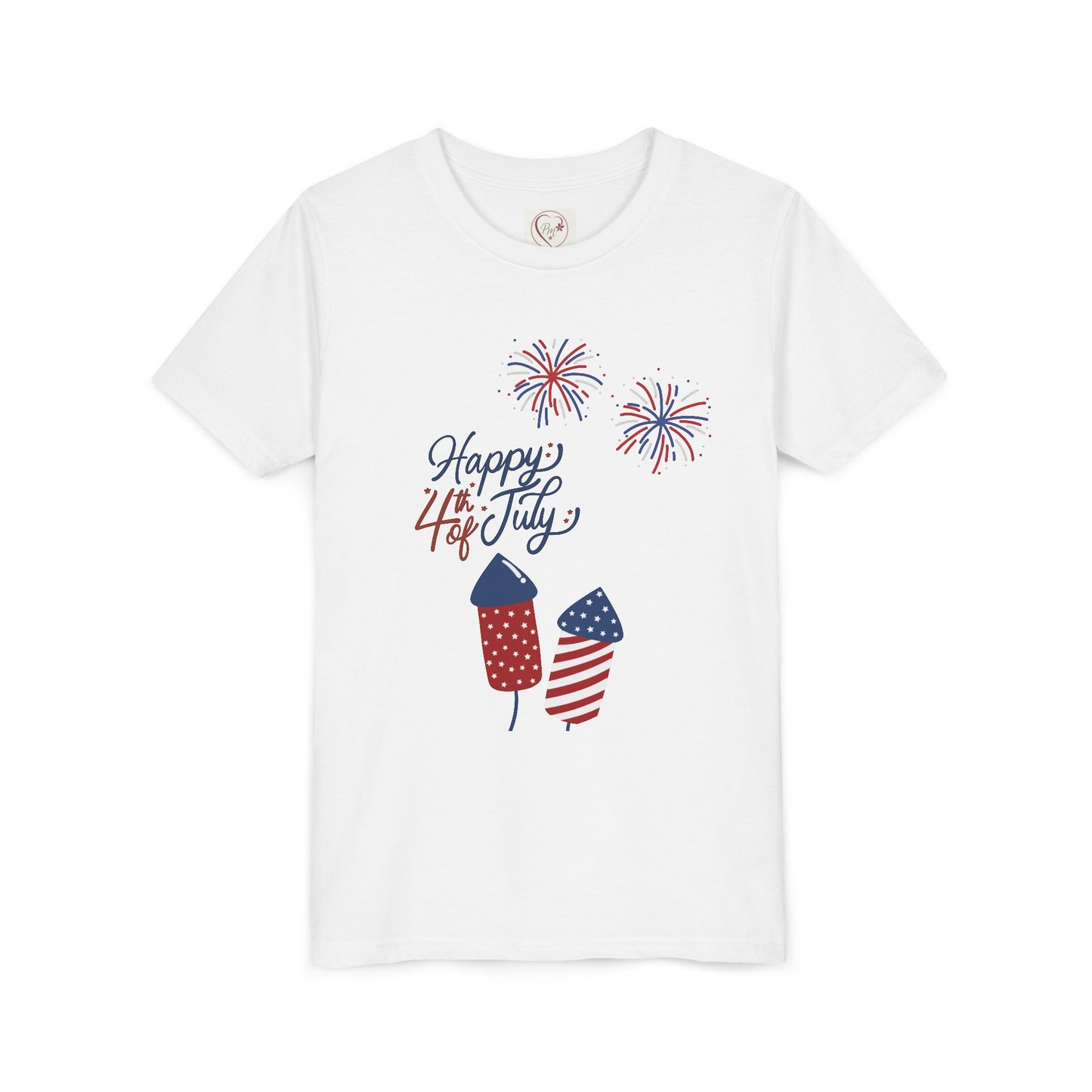Youth Tee – “Happy 4th of July” Fireworks & American Flag Rocket Kids Shirt