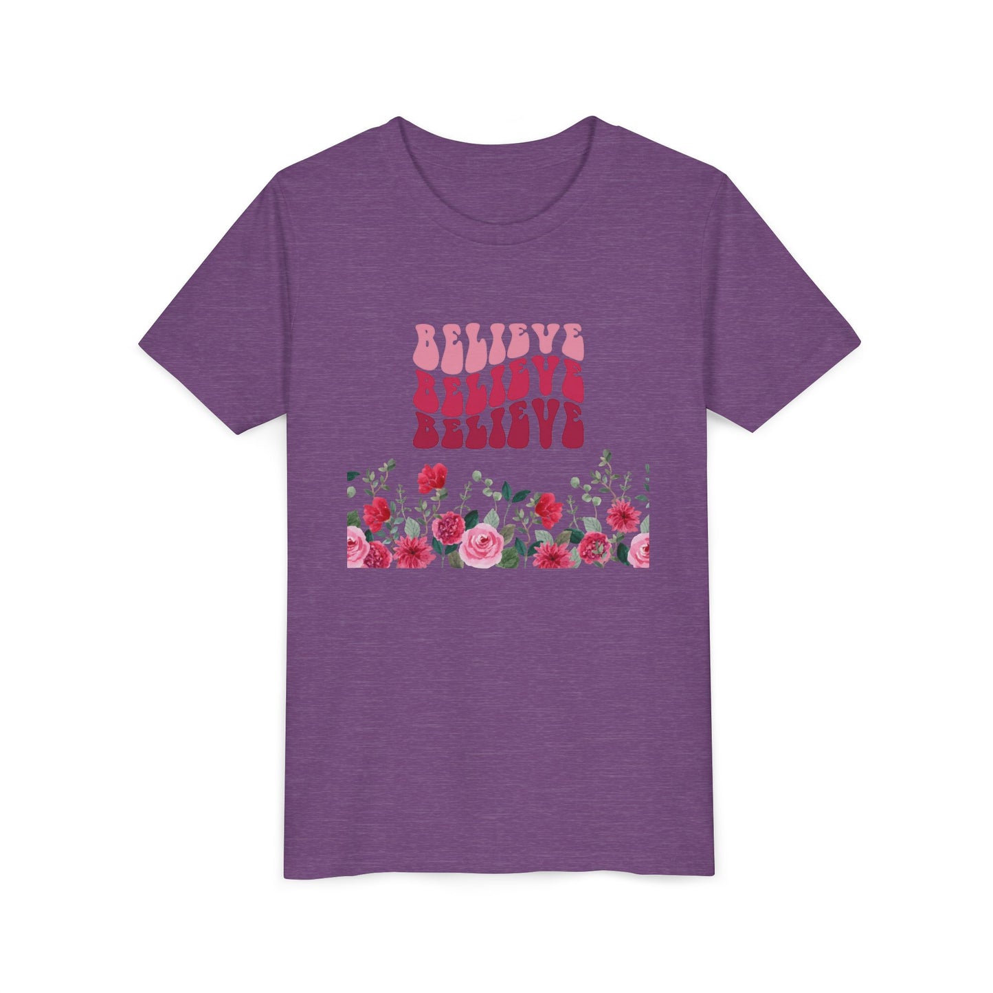 Youth Tee-- "Believe" Floral Graphic Christian Worship Shirt
