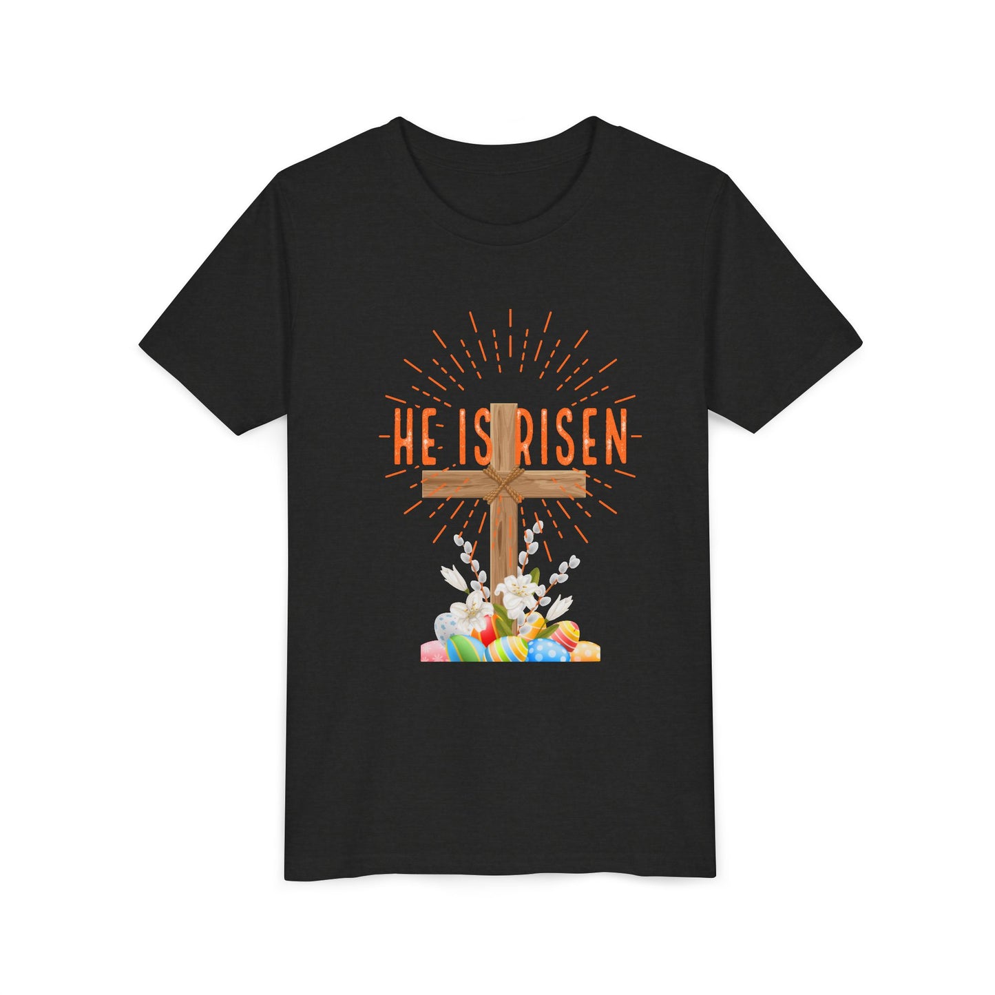 Youth Easter Tee — 'He Is Risen' Cross & 'Happy Easter' Pastel Kids Shirt