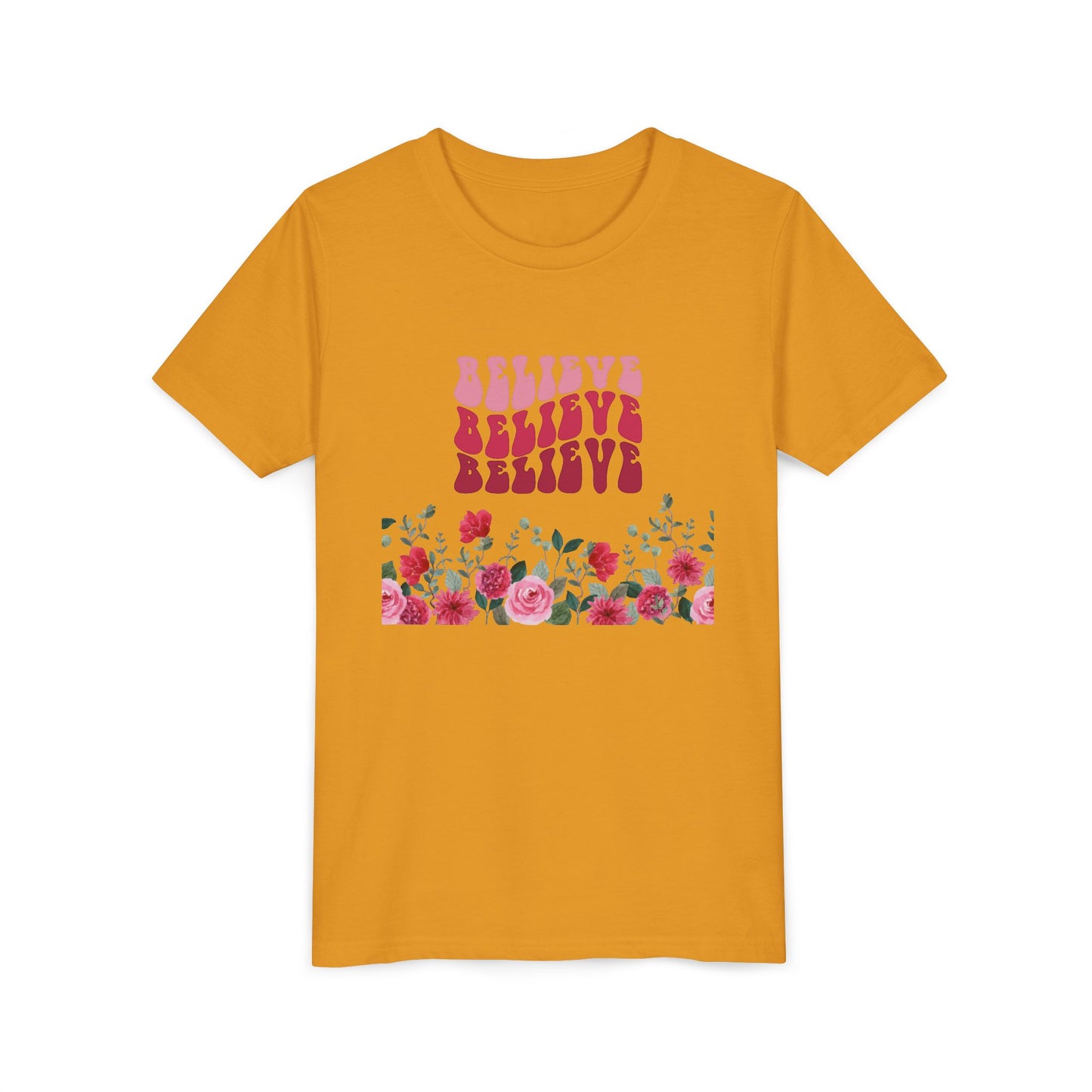 Youth Tee-- "Believe" Floral Graphic Christian Worship Shirt