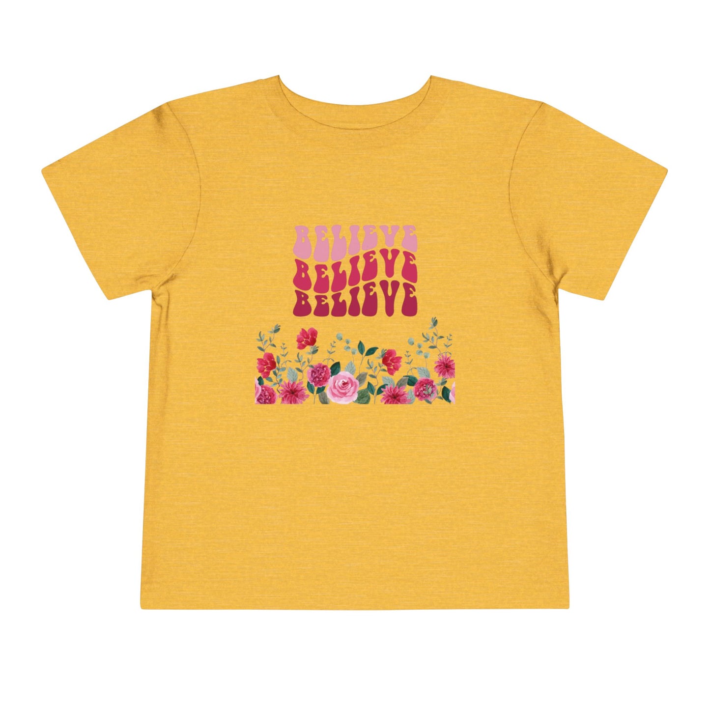 Believe Floral Toddler Tee — Pink Retro Script & Rose Bouquet