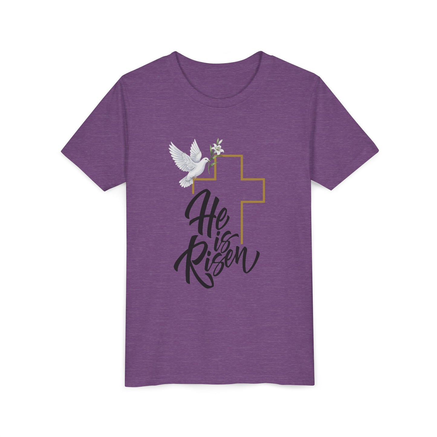 He Is Risen Youth Tee — Easter Cross & Dove Christian Kids Shirt