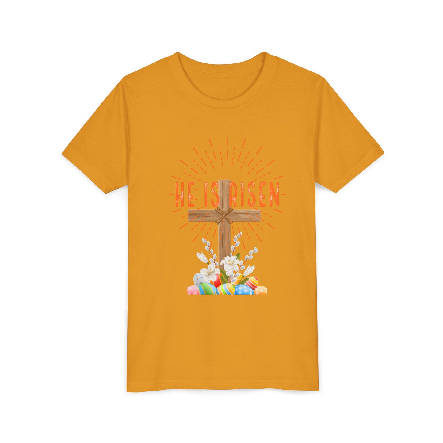 Youth Easter Tee — 'He Is Risen' Cross & 'Happy Easter' Pastel Kids Shirt