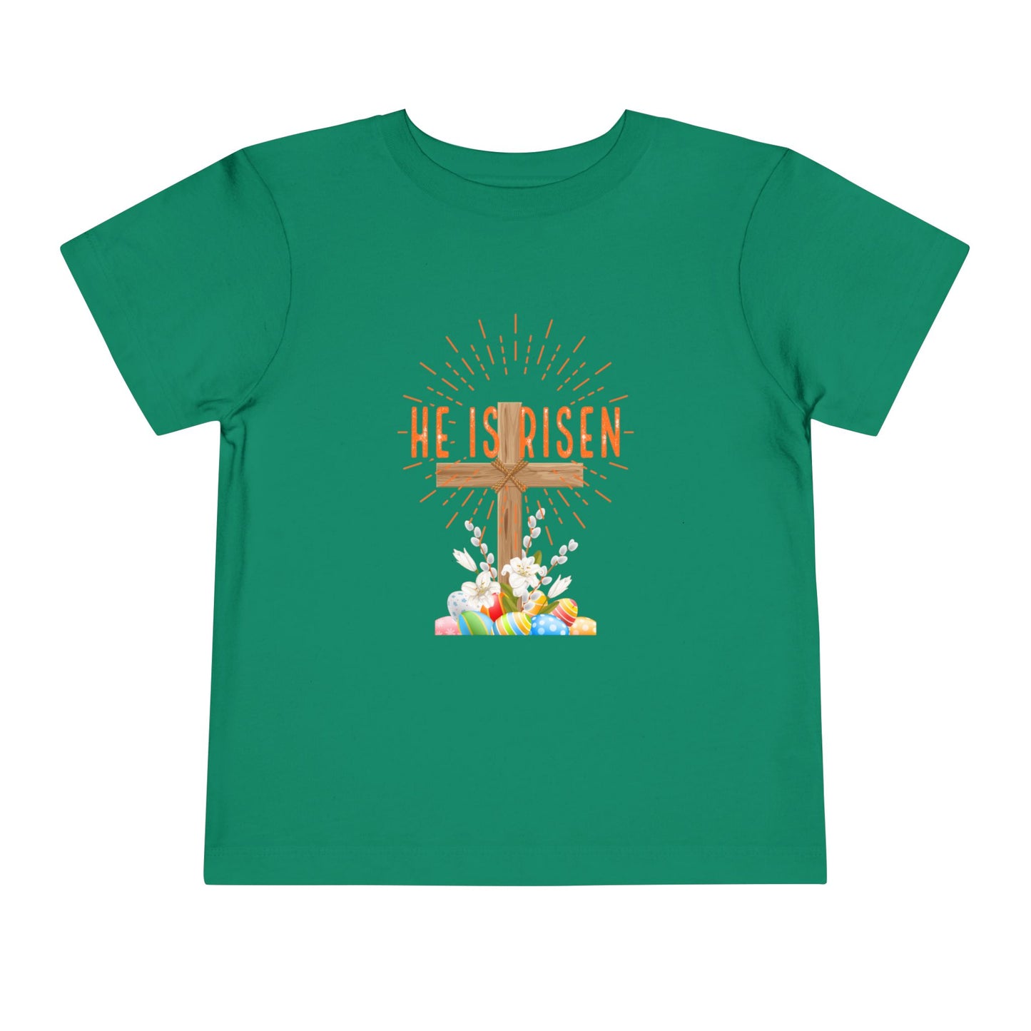 Toddler Tee — "He Is Risen" Easter Cross & Happy Easter Pastel Design