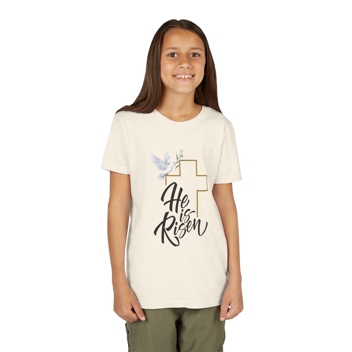 He Is Risen Youth Tee — Easter Cross & Dove Christian Kids Shirt
