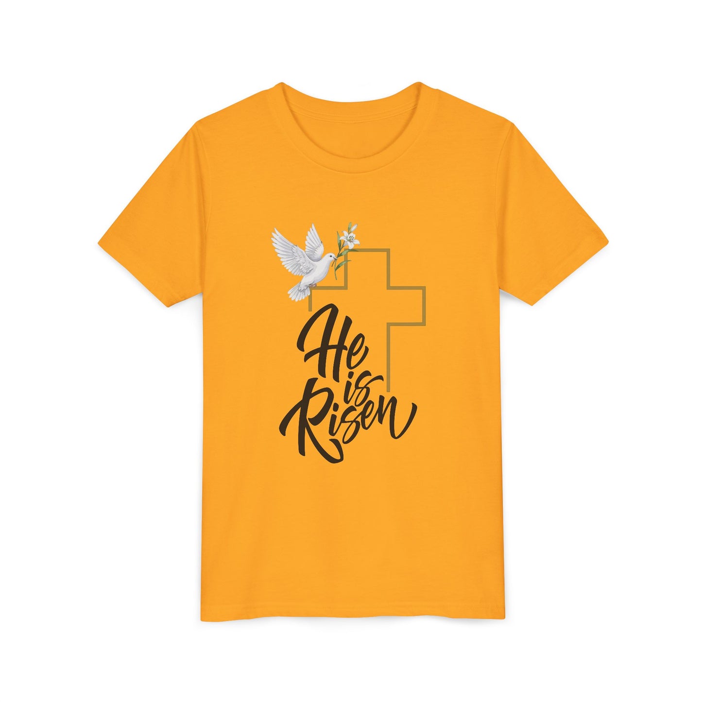 He Is Risen Youth Tee — Easter Cross & Dove Christian Kids Shirt
