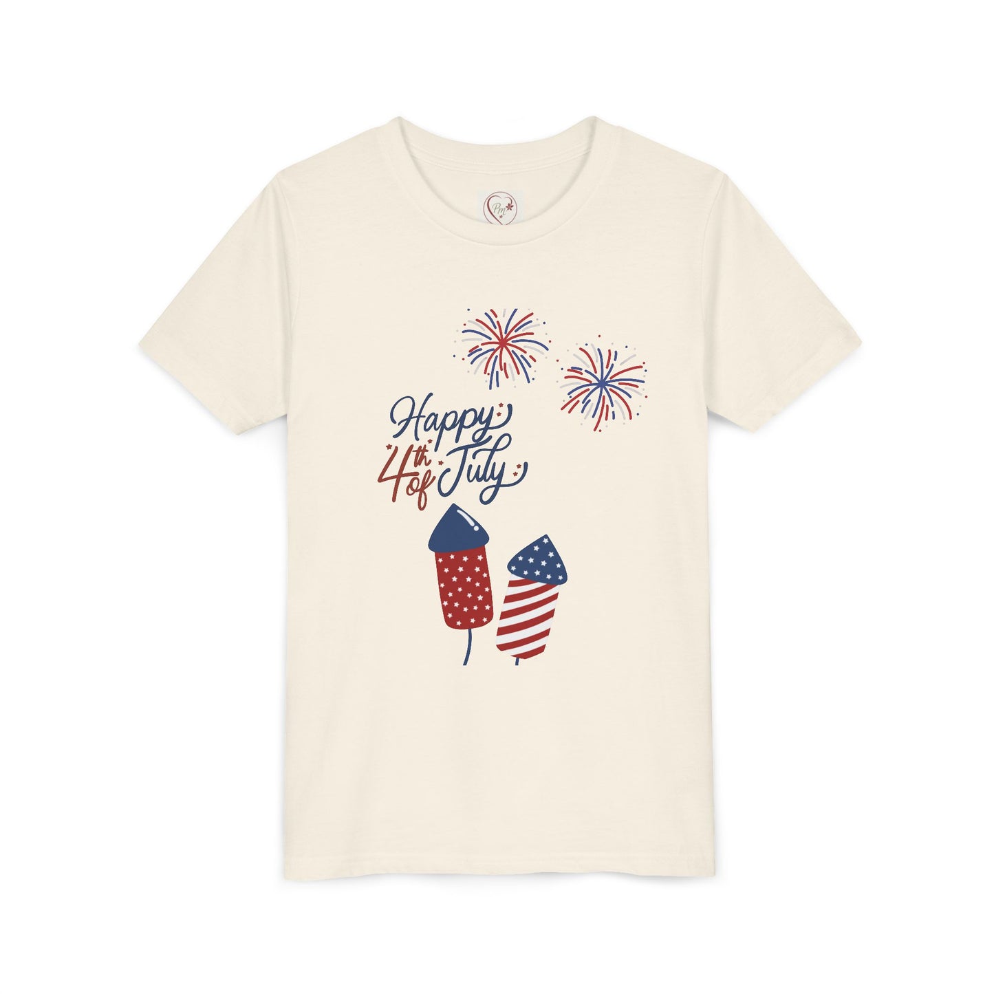 Youth Tee – “Happy 4th of July” Fireworks & American Flag Rocket Kids Shirt