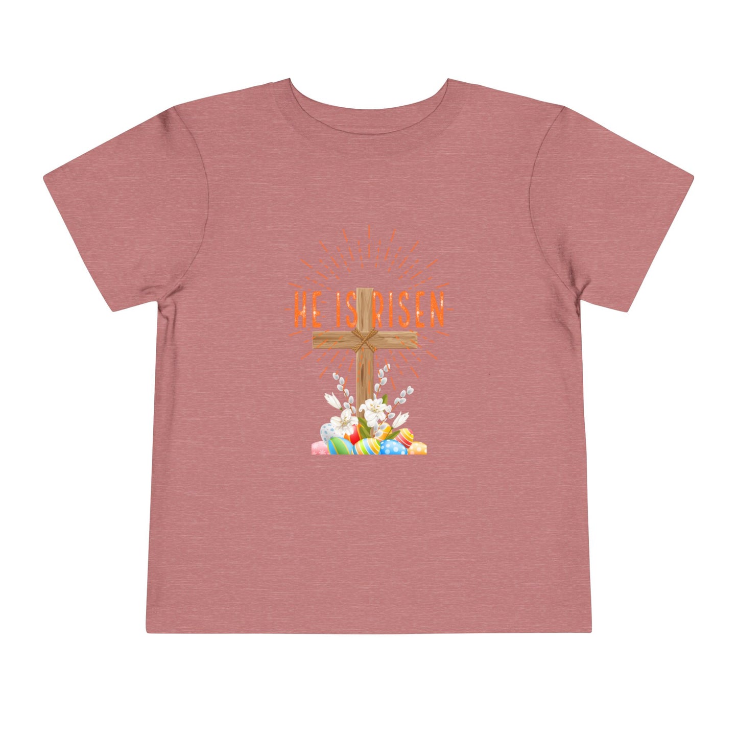 Toddler Tee — "He Is Risen" Easter Cross & Happy Easter Pastel Design