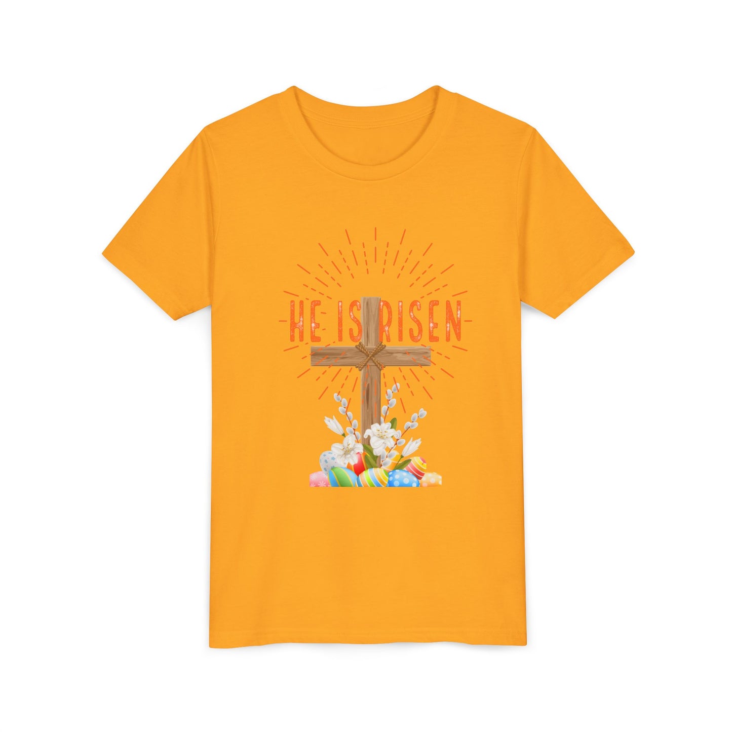 Youth Easter Tee — 'He Is Risen' Cross & 'Happy Easter' Pastel Kids Shirt