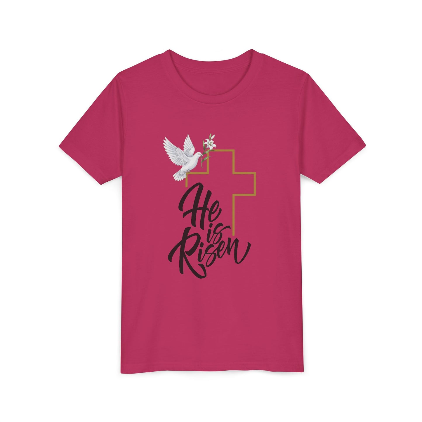 He Is Risen Youth Tee — Easter Cross & Dove Christian Kids Shirt