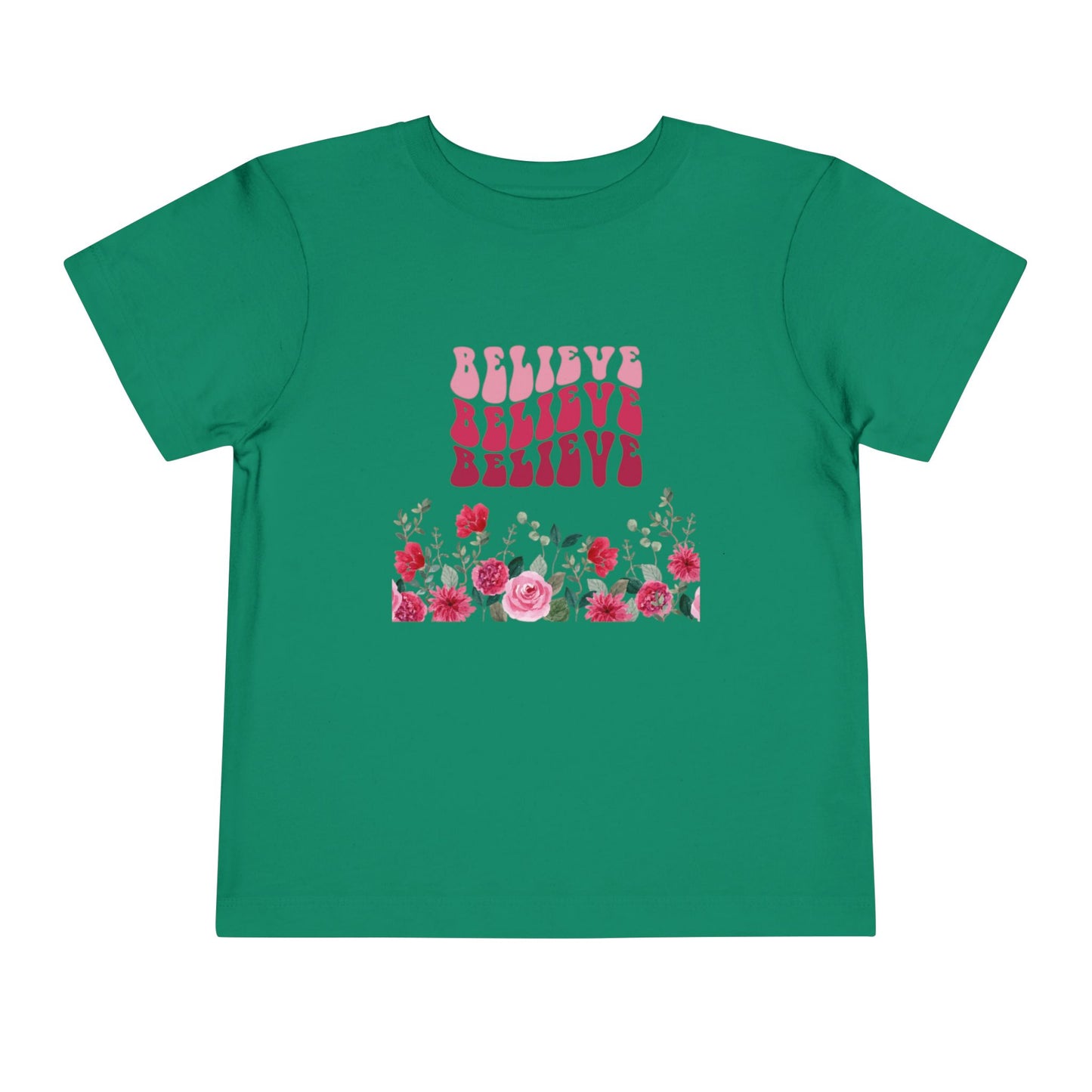 Believe Floral Toddler Tee — Pink Retro Script & Rose Bouquet