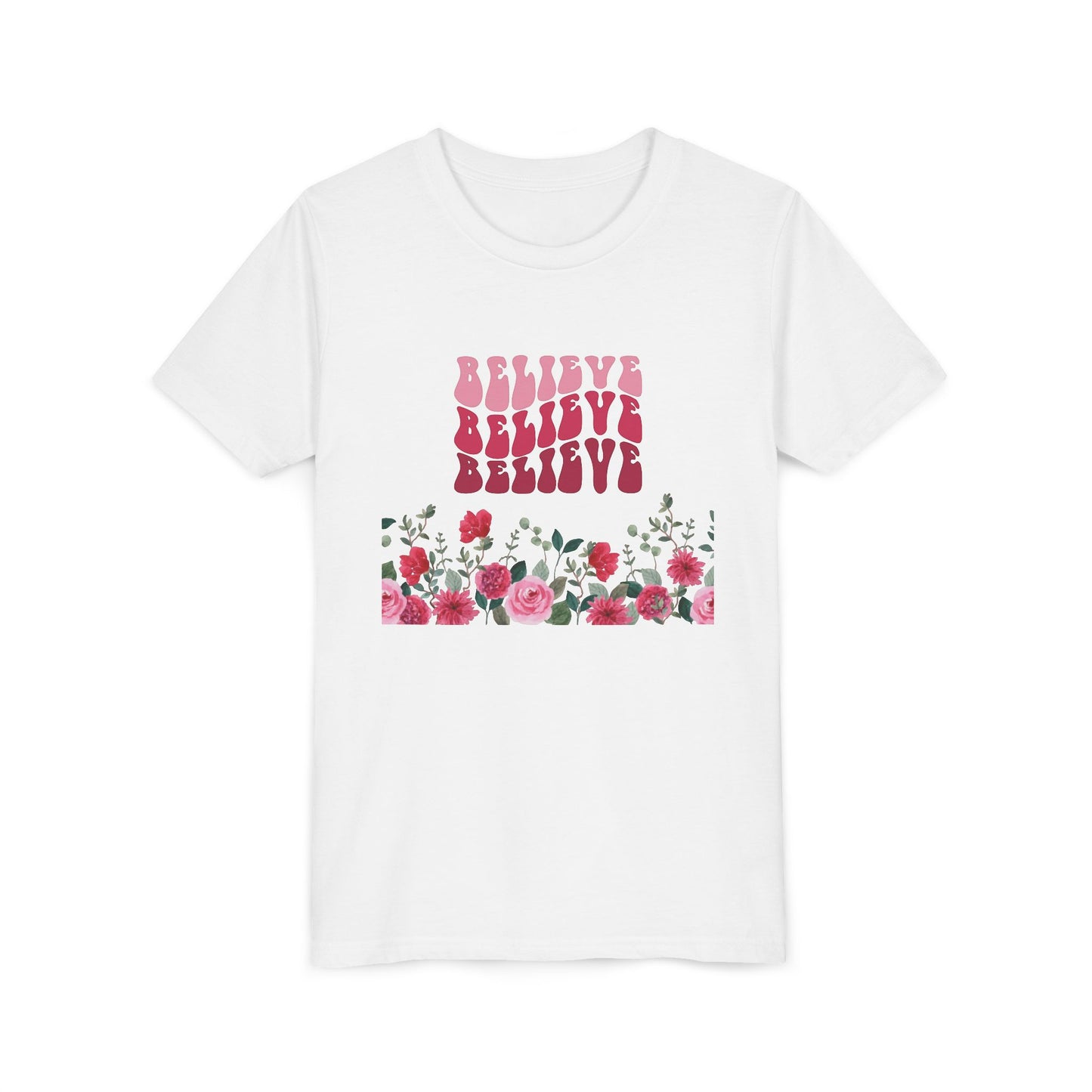 Youth Tee-- "Believe" Floral Graphic Christian Worship Shirt