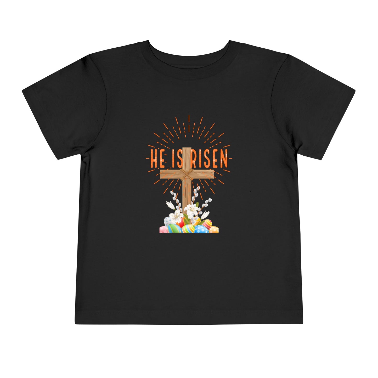 Toddler Tee — "He Is Risen" Easter Cross & Happy Easter Pastel Design