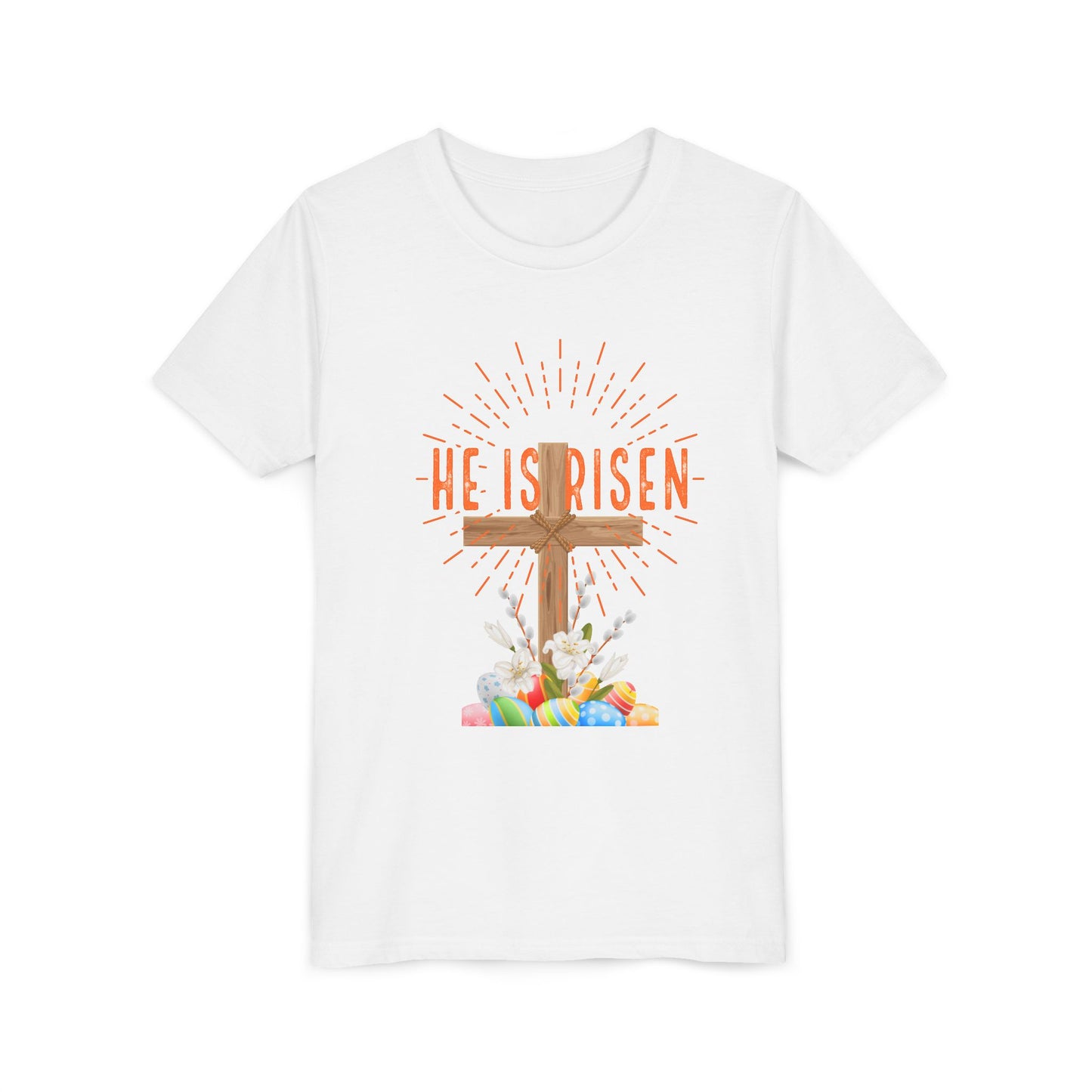 Youth Easter Tee — 'He Is Risen' Cross & 'Happy Easter' Pastel Kids Shirt