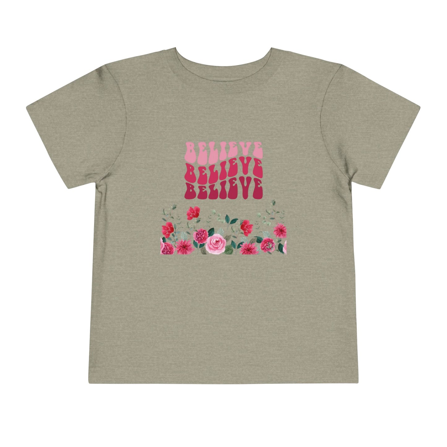 Believe Floral Toddler Tee — Pink Retro Script & Rose Bouquet