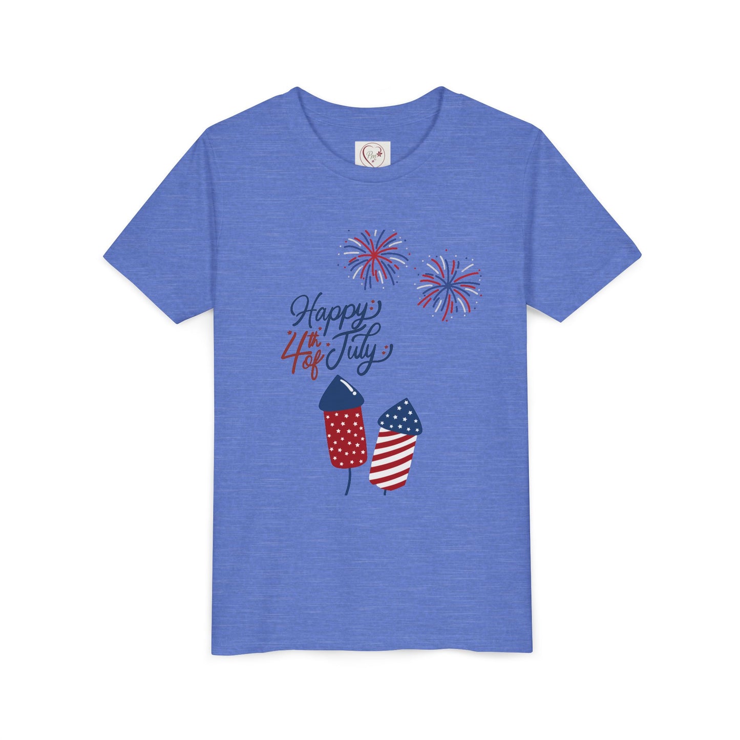 Youth Tee – “Happy 4th of July” Fireworks & American Flag Rocket Kids Shirt