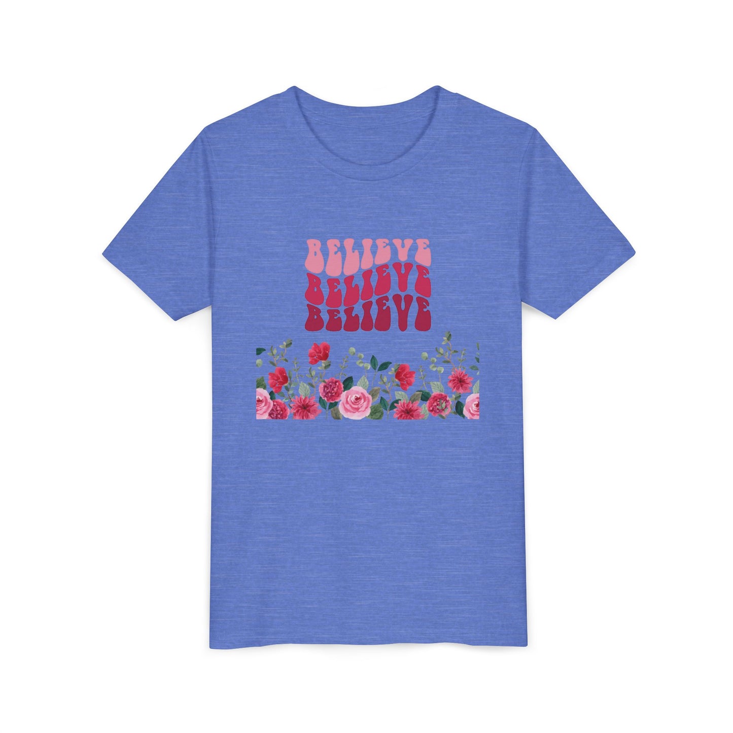 Youth Tee-- "Believe" Floral Graphic Christian Worship Shirt