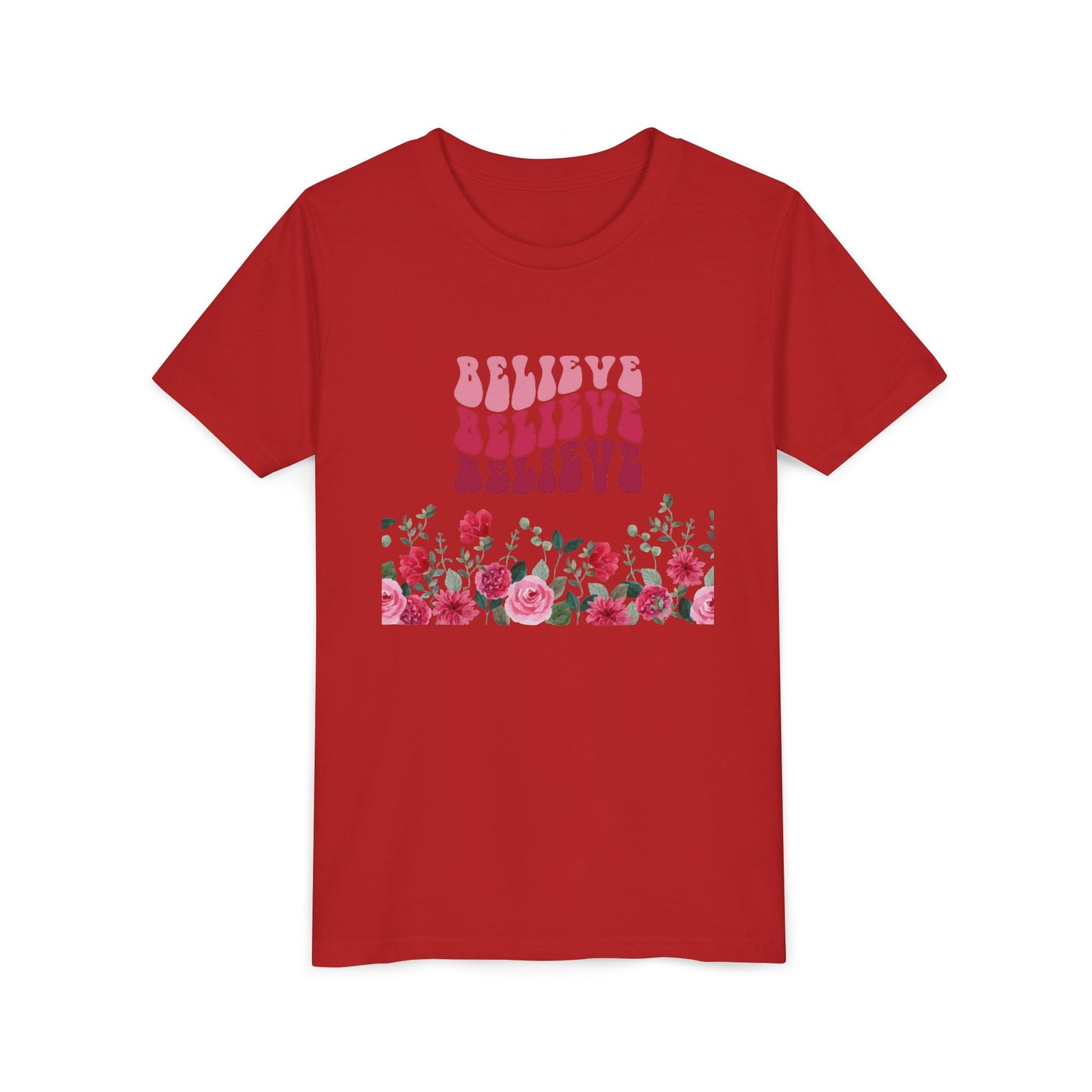 Youth Tee-- "Believe" Floral Graphic Christian Worship Shirt