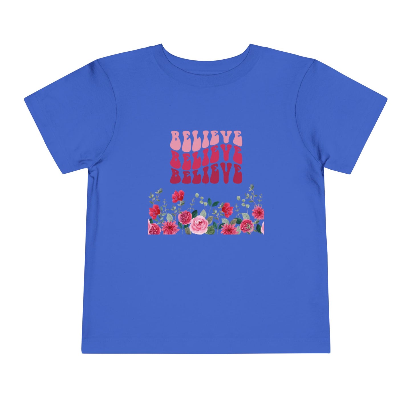 Believe Floral Toddler Tee — Pink Retro Script & Rose Bouquet
