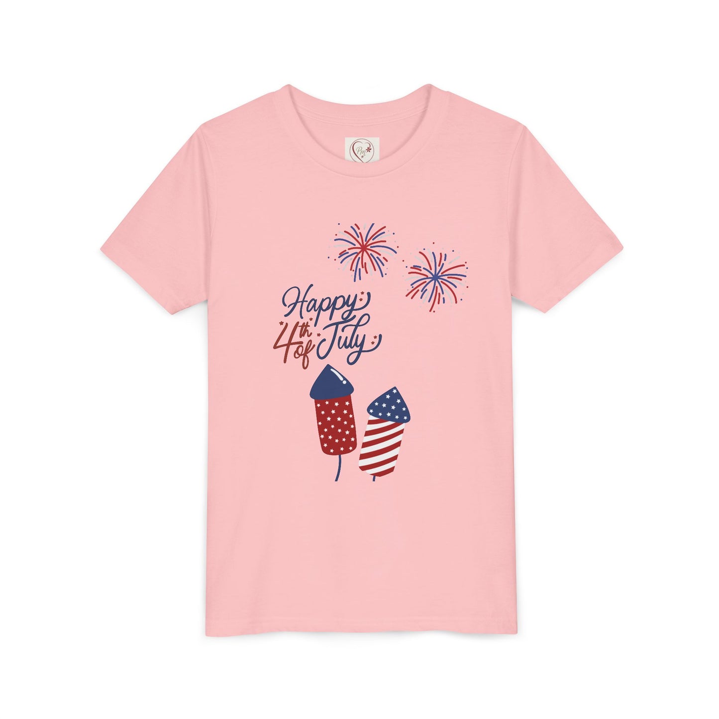 Youth Tee – “Happy 4th of July” Fireworks & American Flag Rocket Kids Shirt