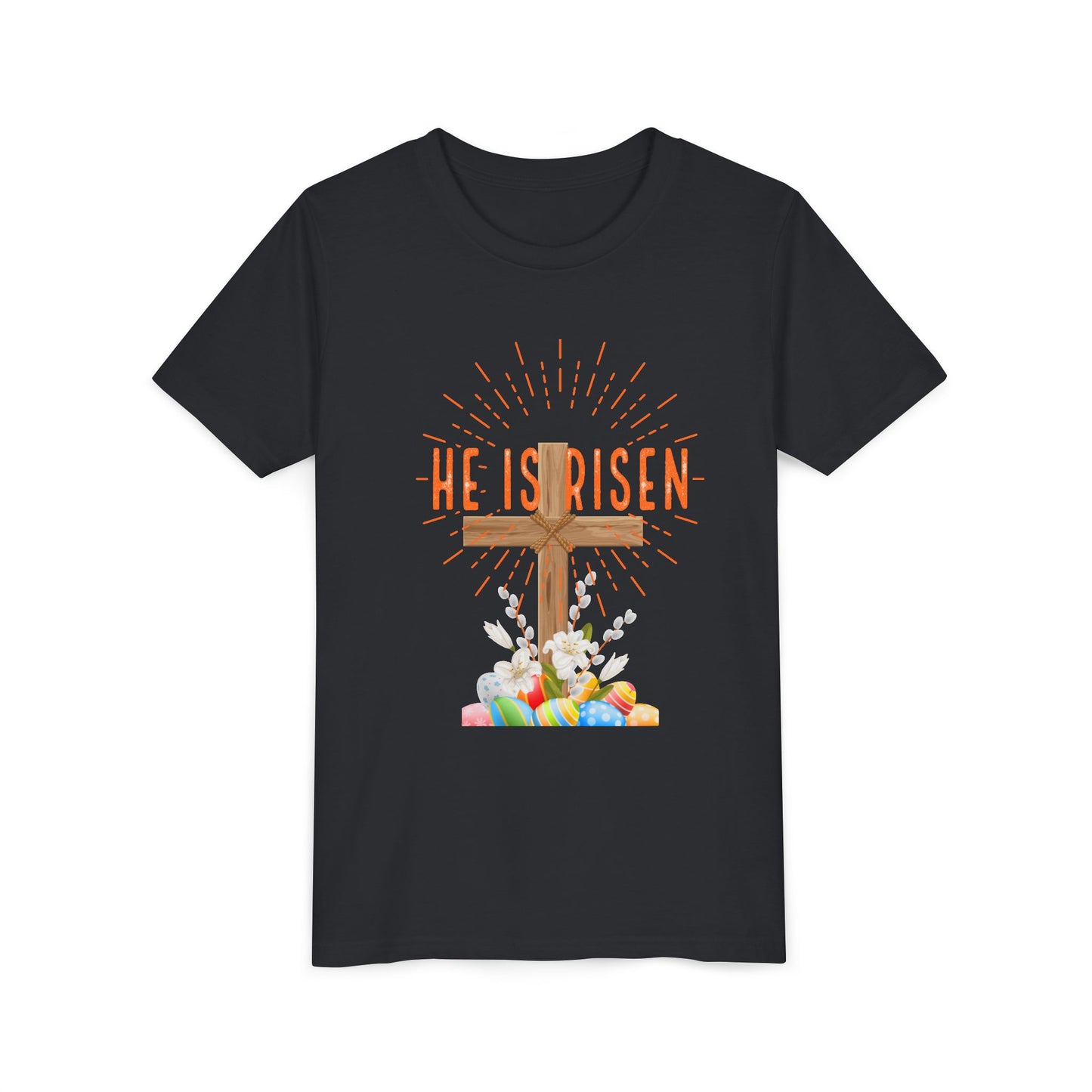 Youth Easter Tee — 'He Is Risen' Cross & 'Happy Easter' Pastel Kids Shirt