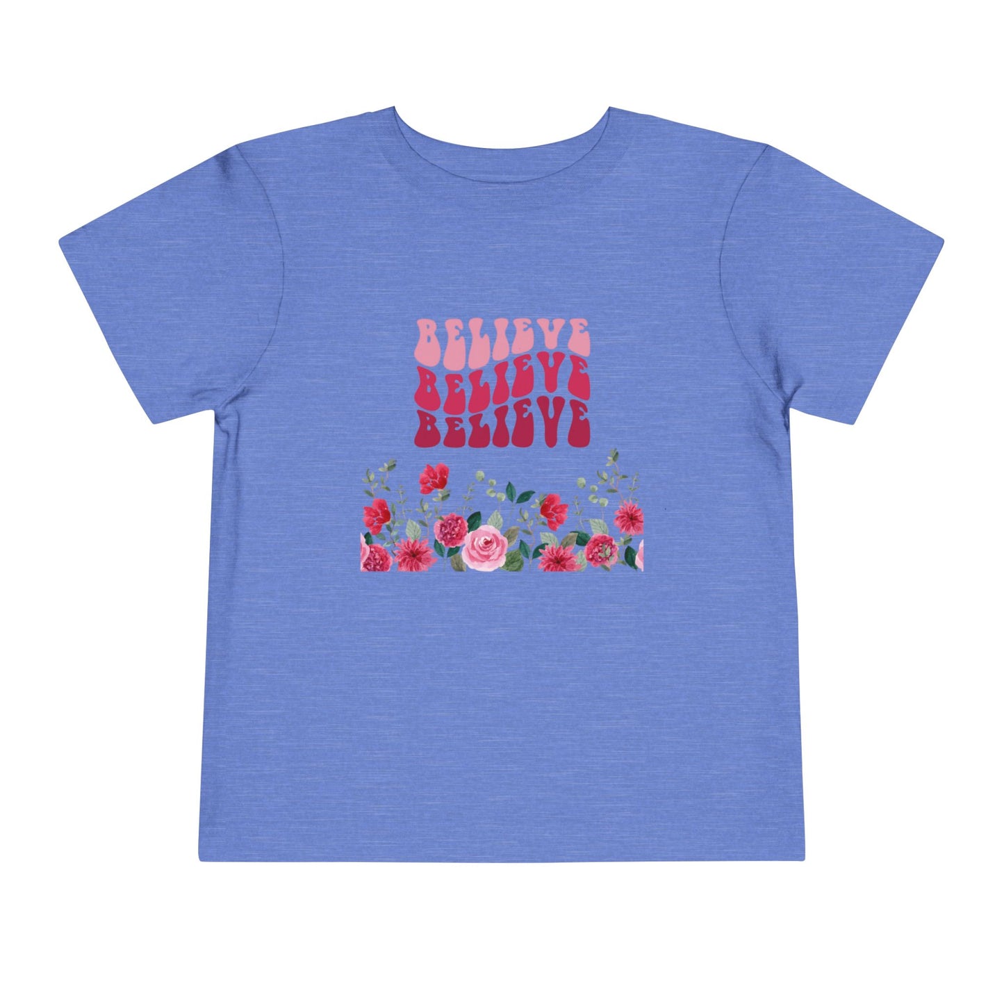 Believe Floral Toddler Tee — Pink Retro Script & Rose Bouquet