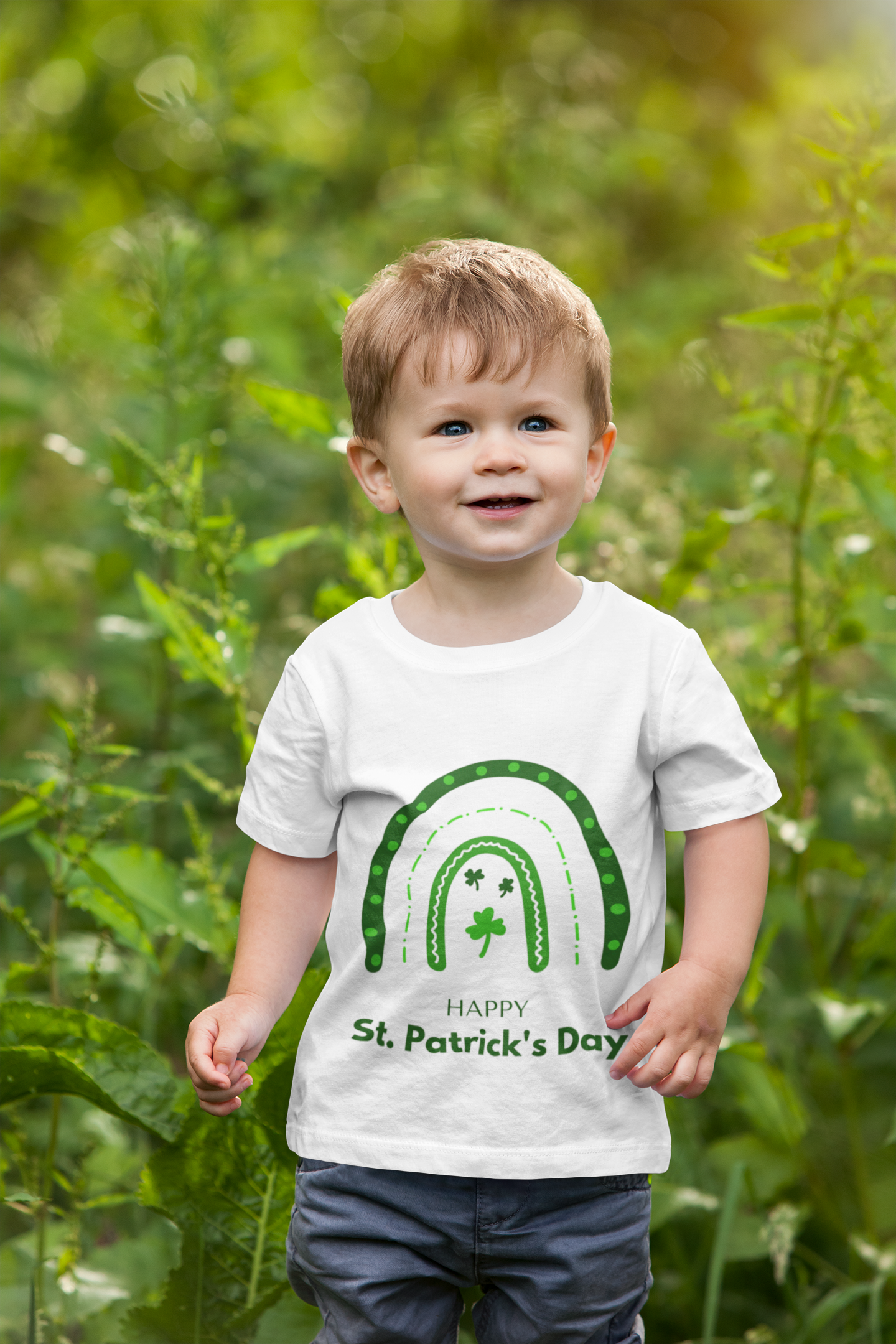 Toddler Tee — "Happy St. Patrick's Day" Green Rainbow & Shamrocks