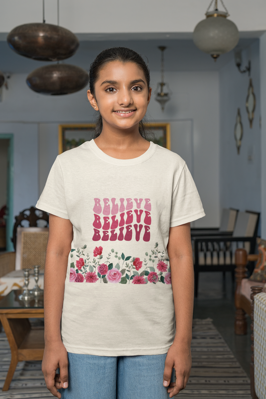 Youth Tee-- "Believe" Floral Graphic Christian Worship Shirt
