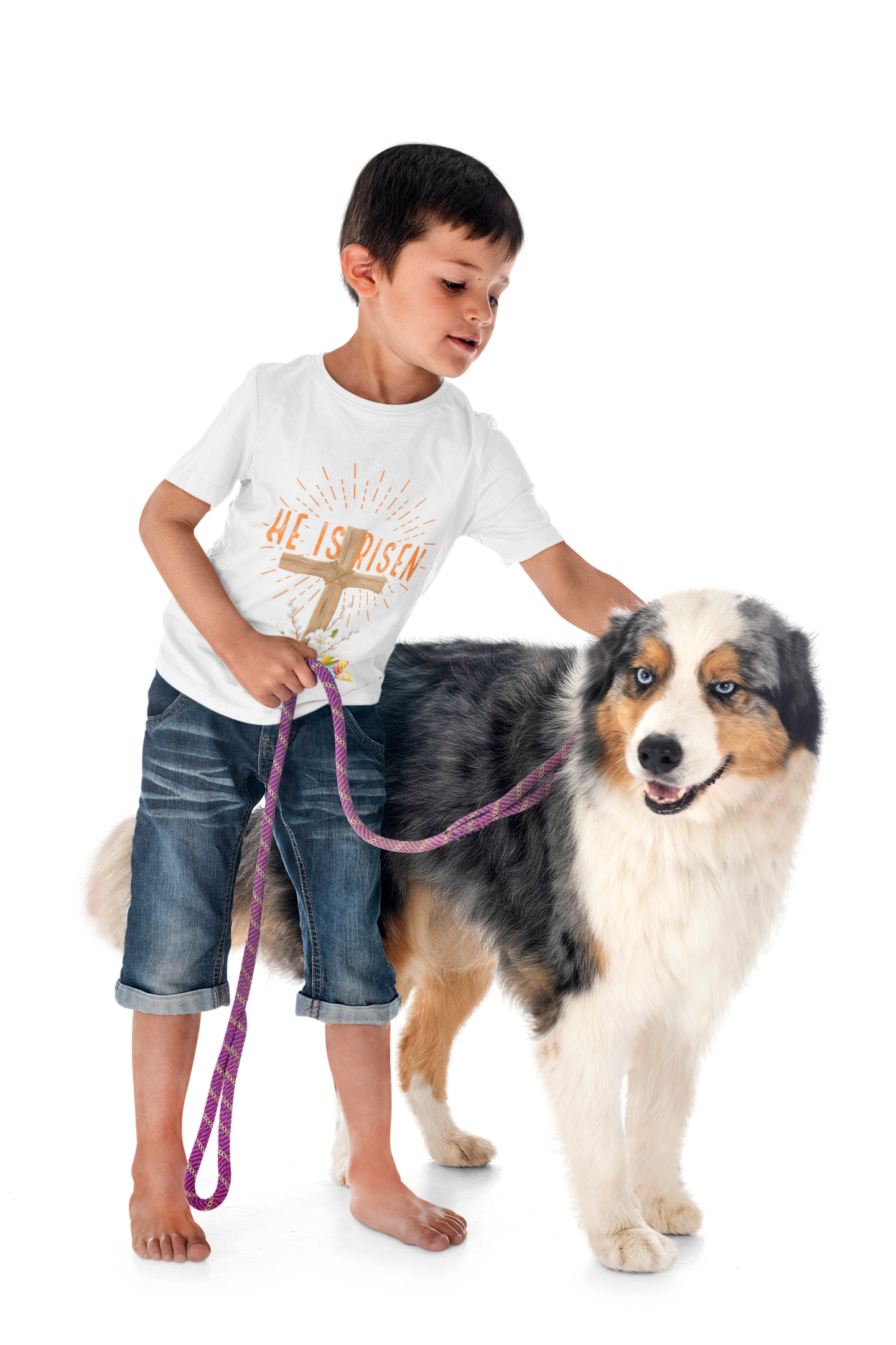 Youth Easter Tee — 'He Is Risen' Cross & 'Happy Easter' Pastel Kids Shirt