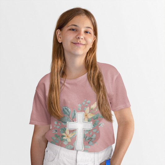 Youth Tee — Floral Cross 'Jesus' Christian Worship Shirt