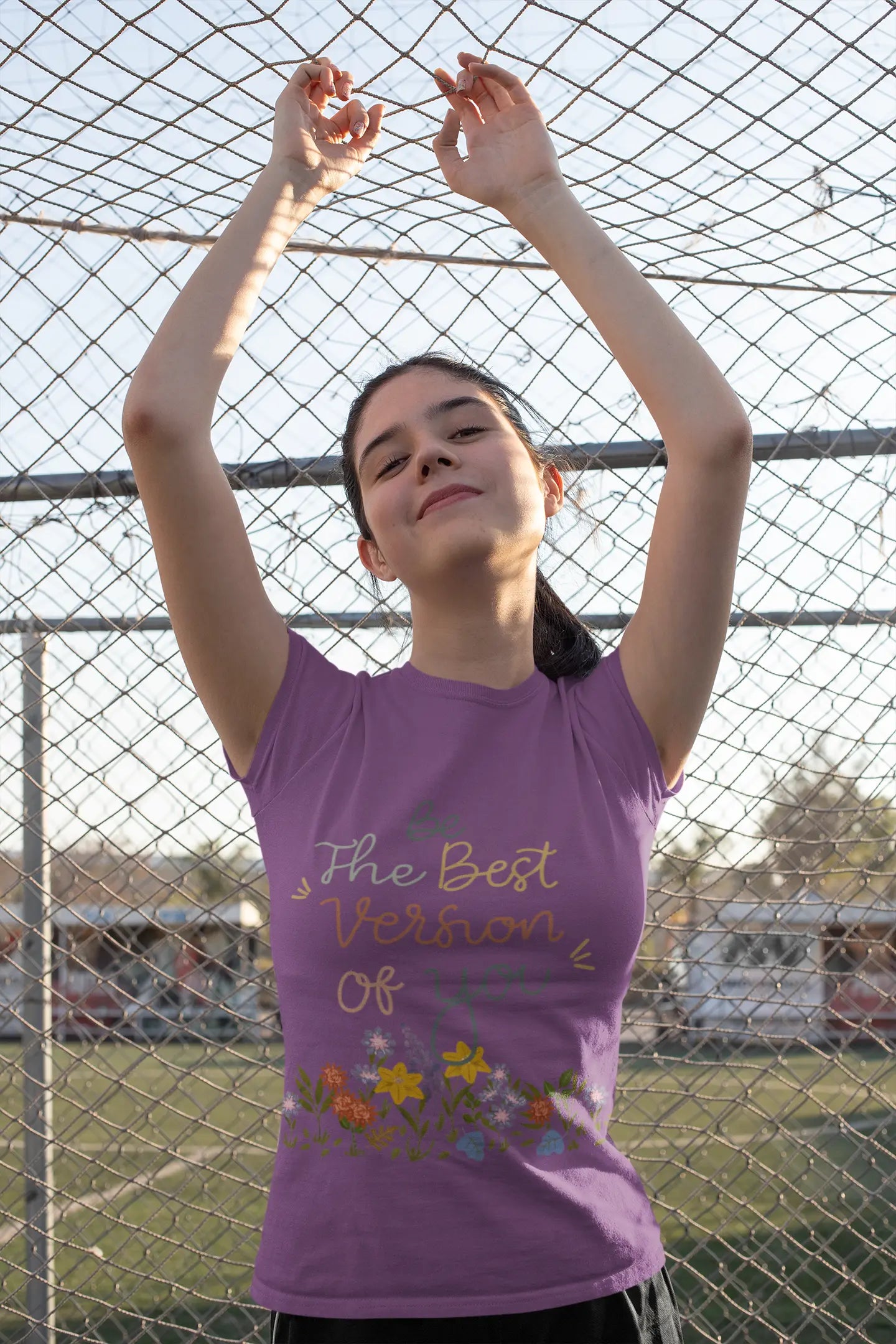 Youth wearing Be the Best Version of You tee with floral inspirational spring graphic
Heather Team Purple