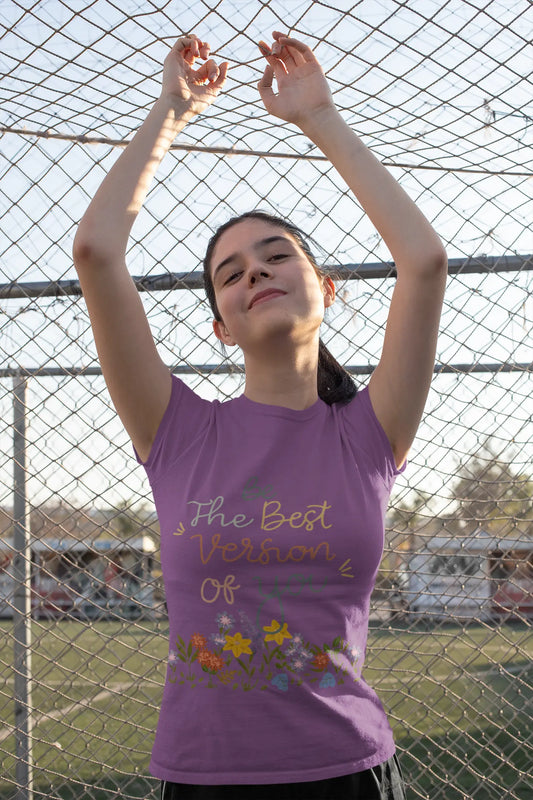 Youth wearing Be the Best Version of You tee with floral inspirational spring graphic
Heather Team Purple