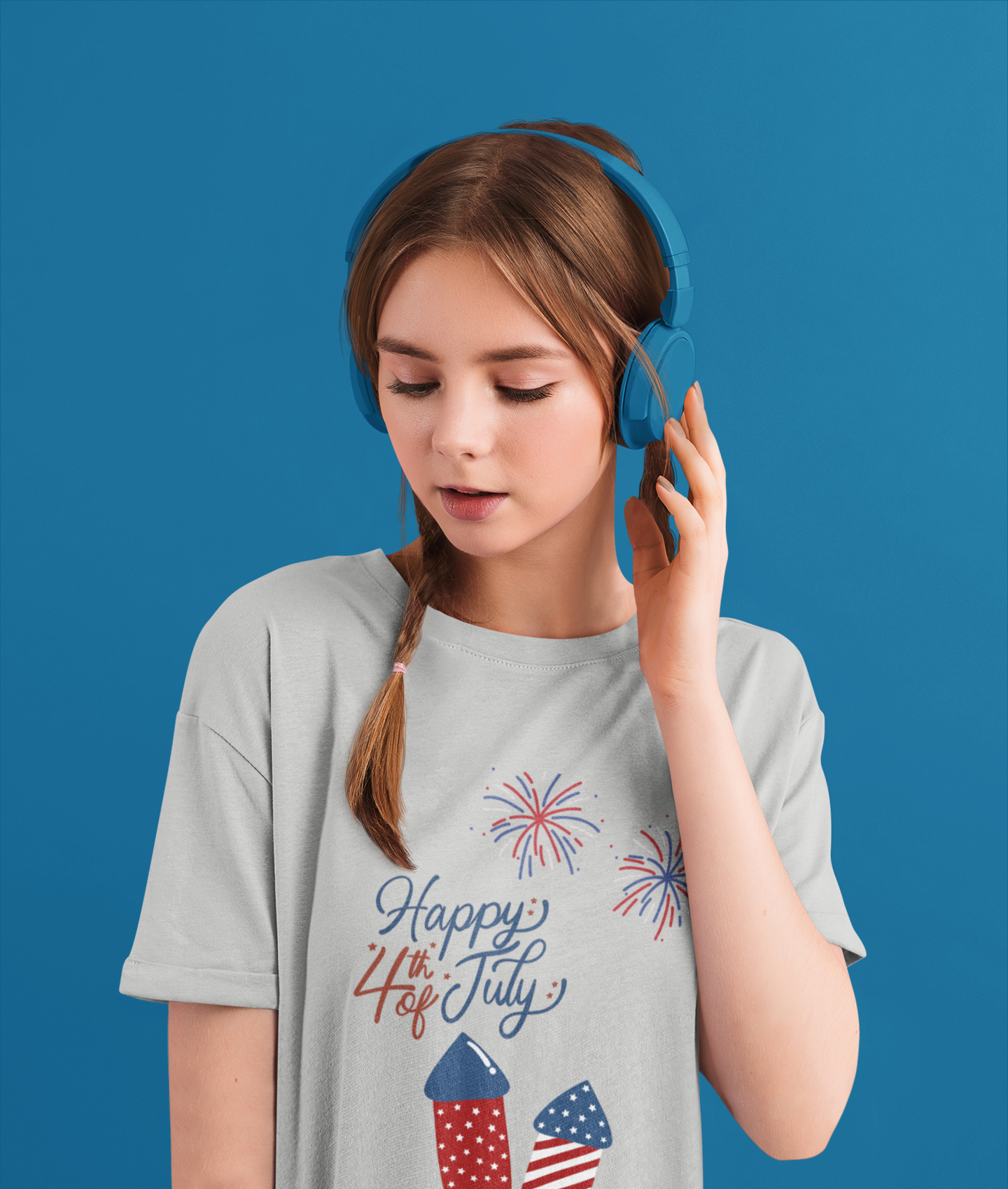Youth Tee – “Happy 4th of July” Fireworks & American Flag Rocket Kids Shirt