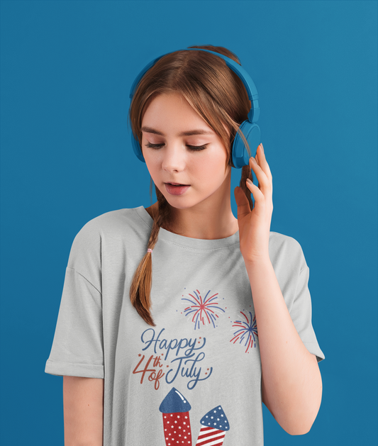 Youth Tee – “Happy 4th of July” Fireworks & American Flag Rocket Kids Shirt