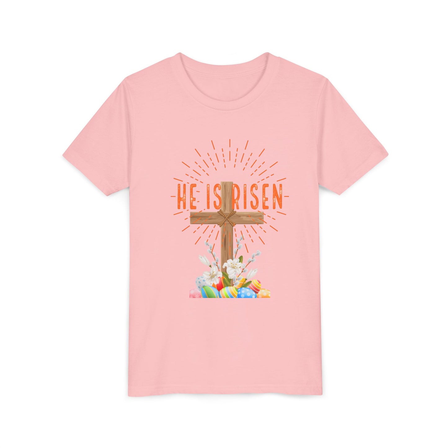 Youth Easter Tee — 'He Is Risen' Cross & 'Happy Easter' Pastel Kids Shirt