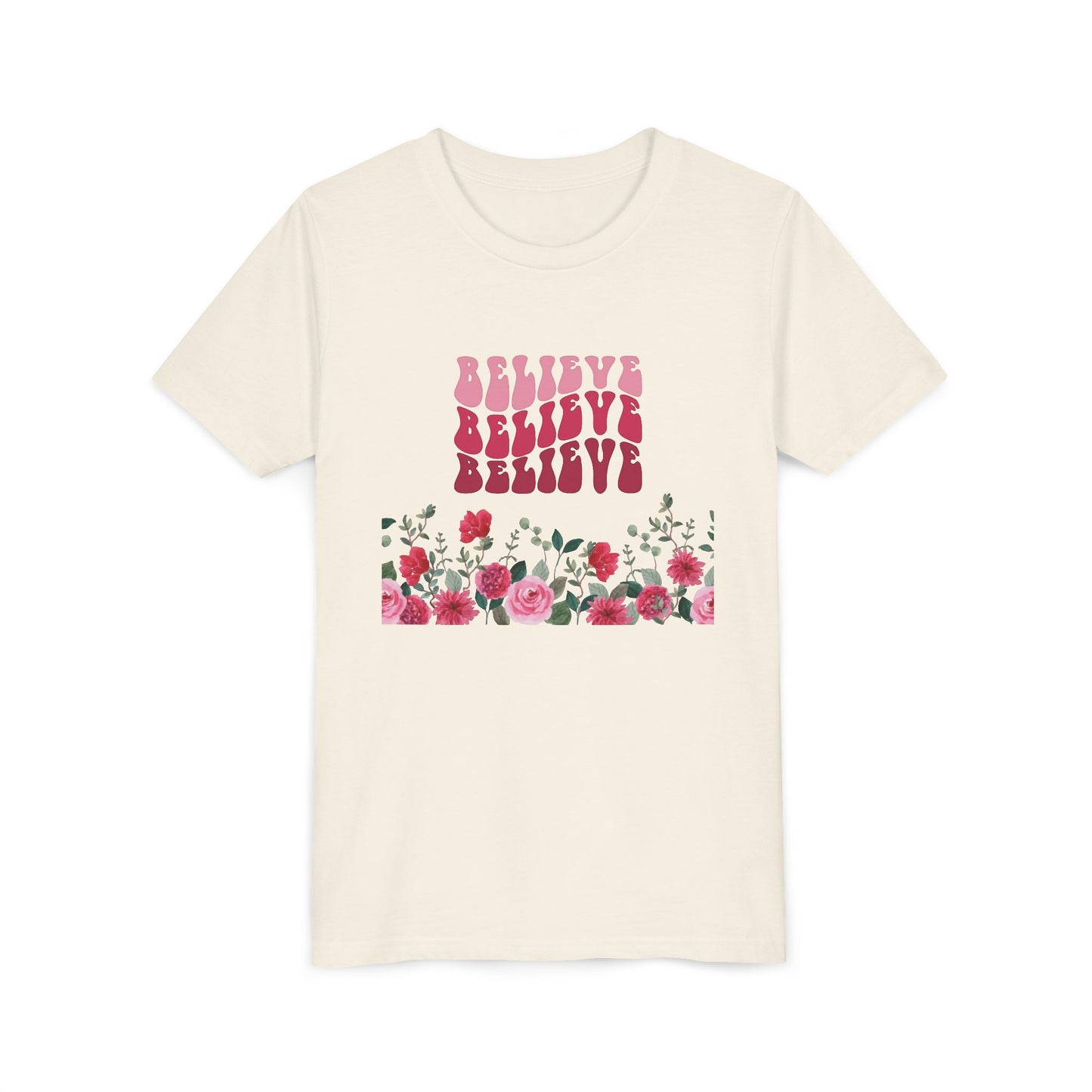 Youth Tee-- "Believe" Floral Graphic Christian Worship Shirt